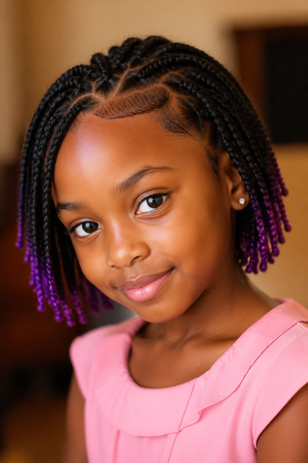 Girl with color-tipped short box braids close-up