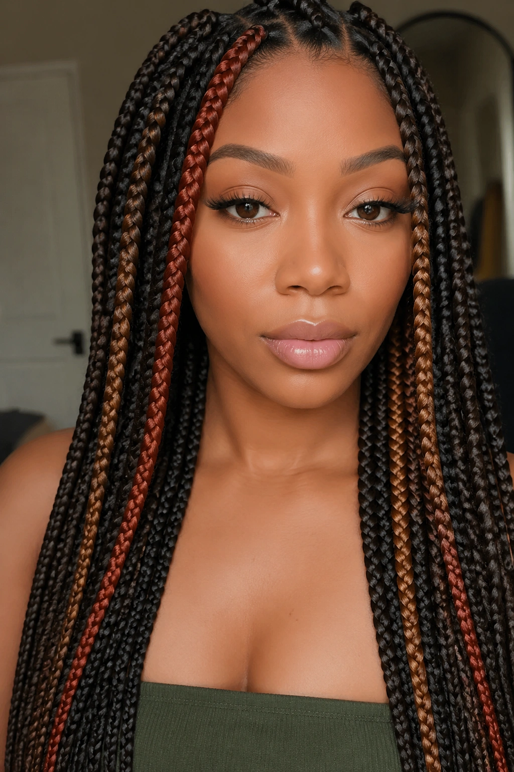 Close-up portrait of a real woman with colored accent box braids near the face