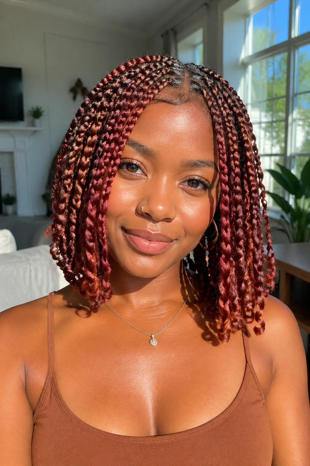 Real woman with colored short boho box braids in warm sunlight.