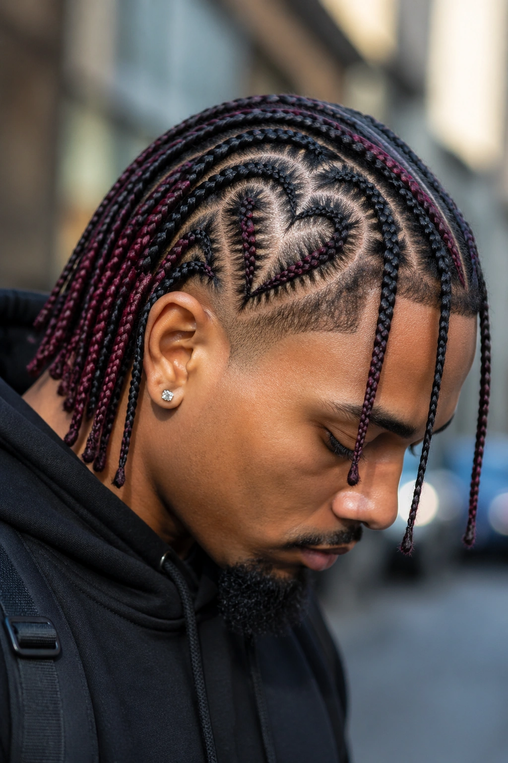 Close-up of colored box braids with a heart outline on the scalp.