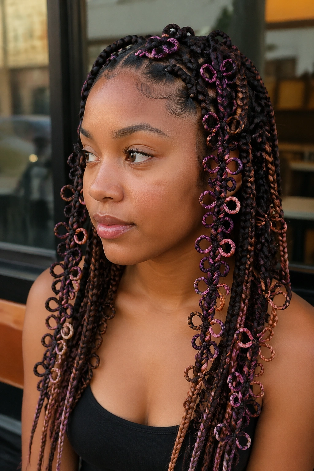 Close-up of colored butterfly braids highlighting loops on a real person