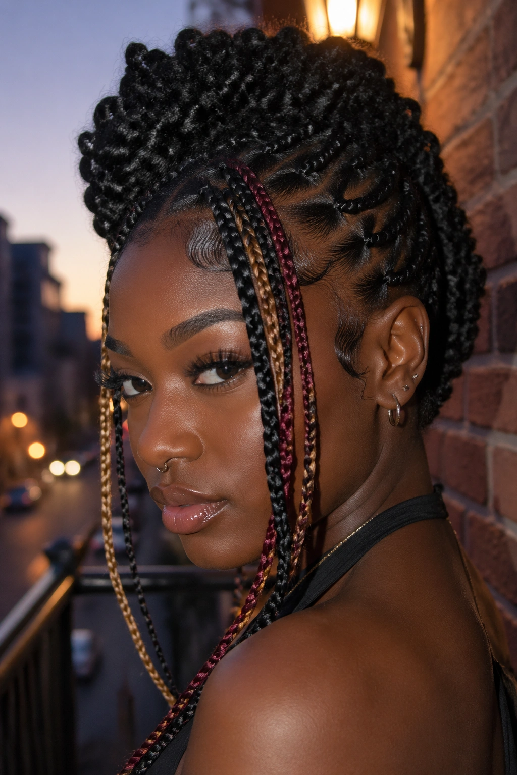 Close-up of a real Black woman with colored extensions in mohawk braids outdoors at dusk.