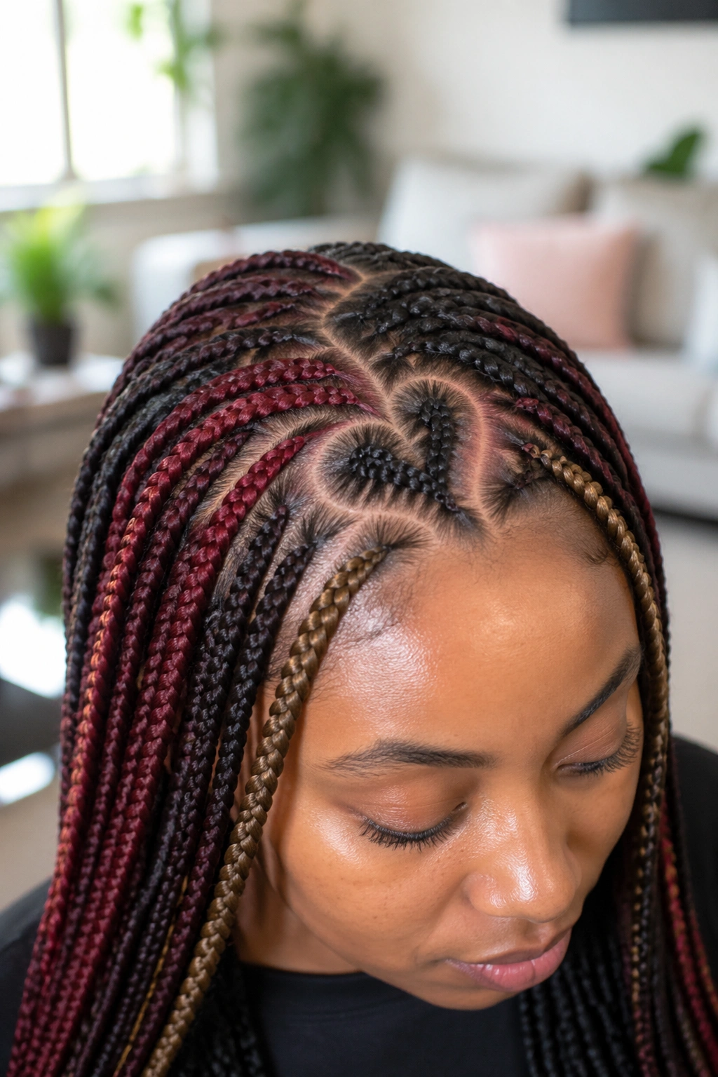 Close-up of a real person with a burgundy heart feature in knotless braids