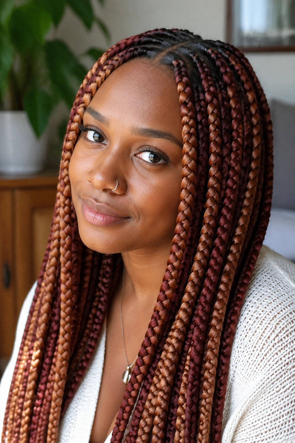 Close-up of a real woman with burgundy copper honey-blonde jumbo knotless braids