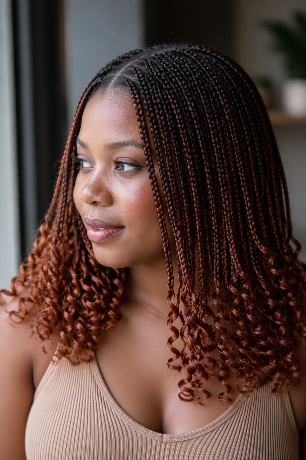 Real person with colored knotless braids and dark roots in soft indoor light