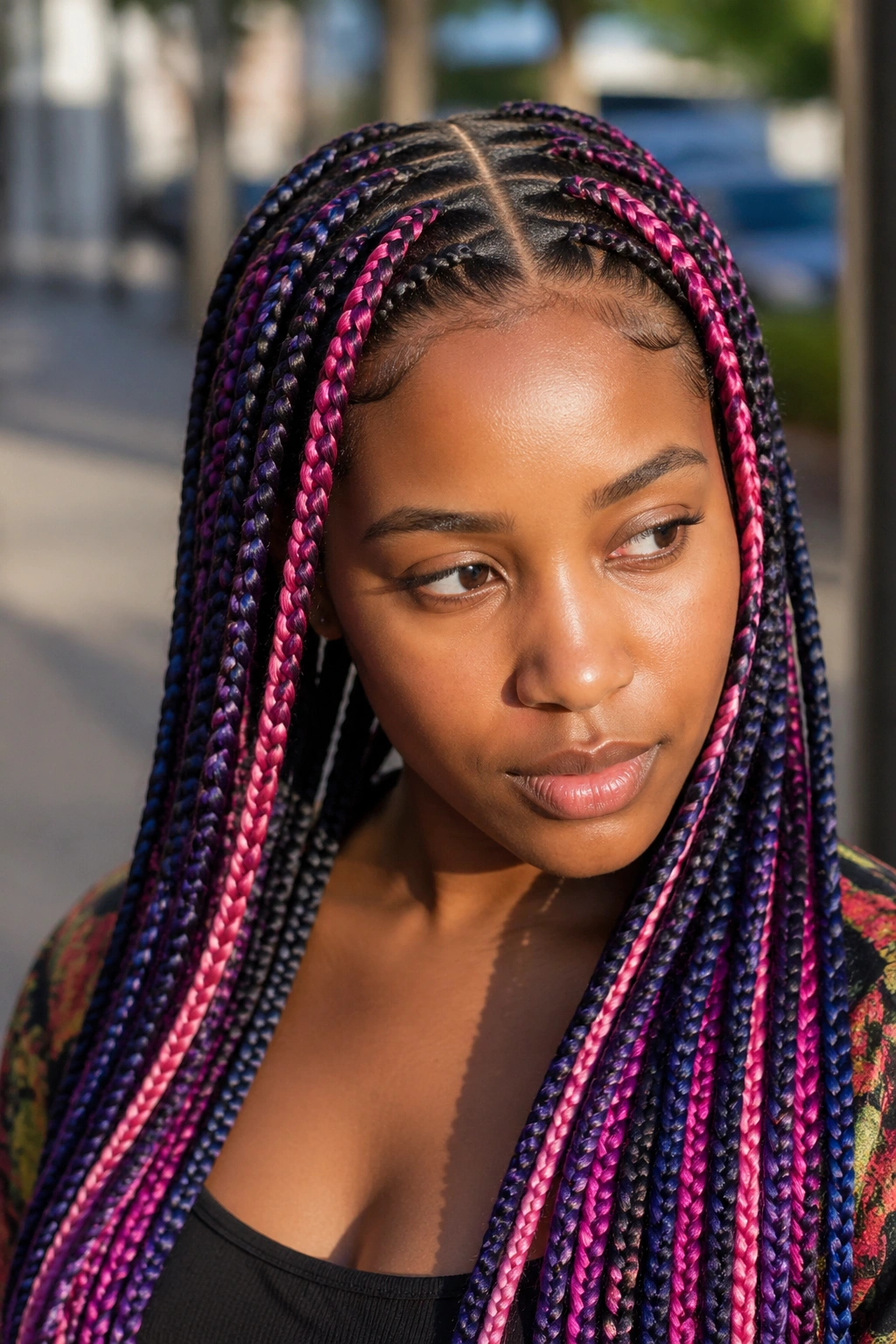 Close-up of a real woman wearing colored stitch braids with a center part.