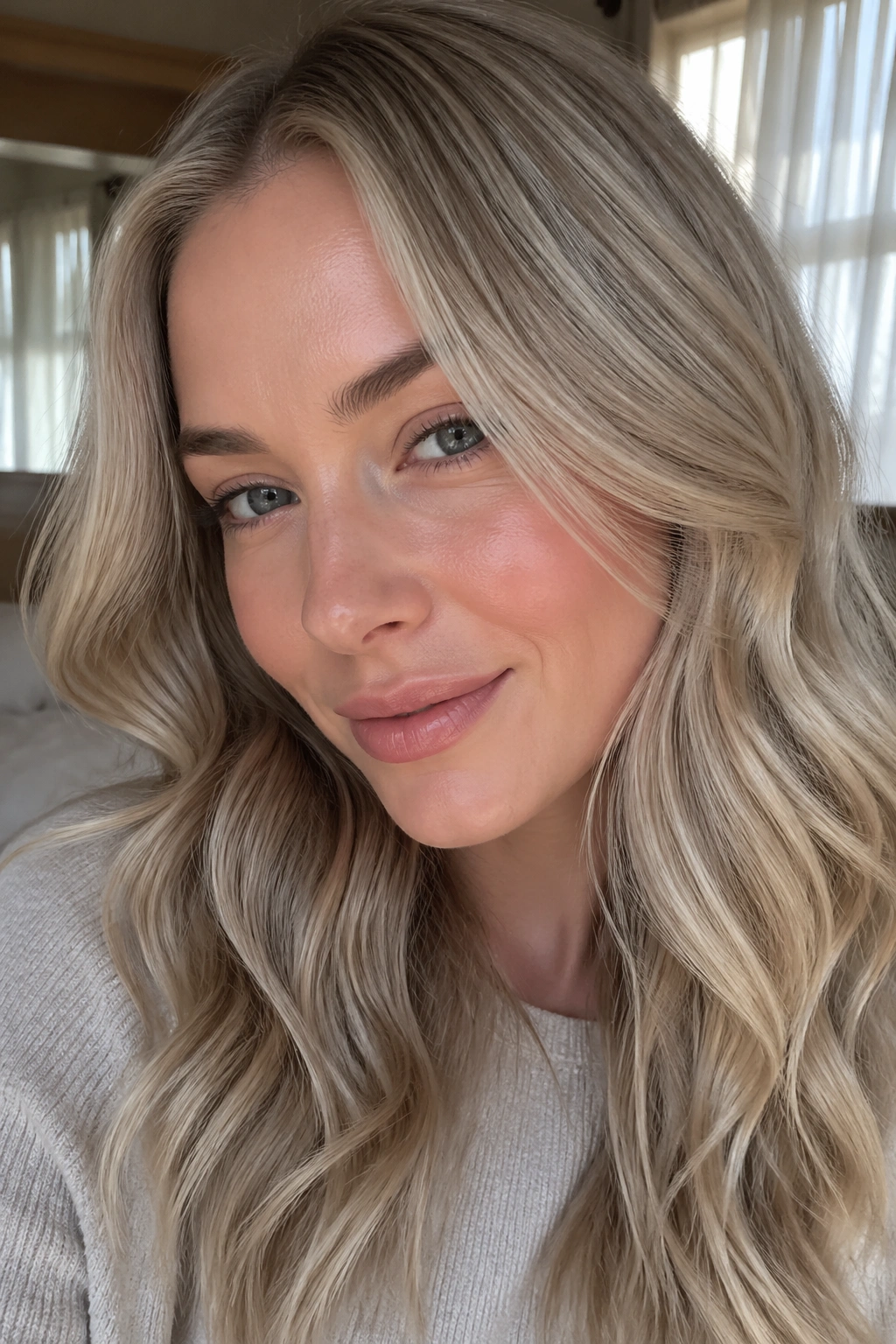 Close-up portrait of a woman with cool beige blonde hair and soft waves.