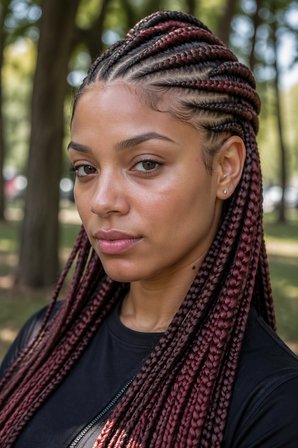 Close-up of a real woman with cool chestnut and cranberry tribal braids