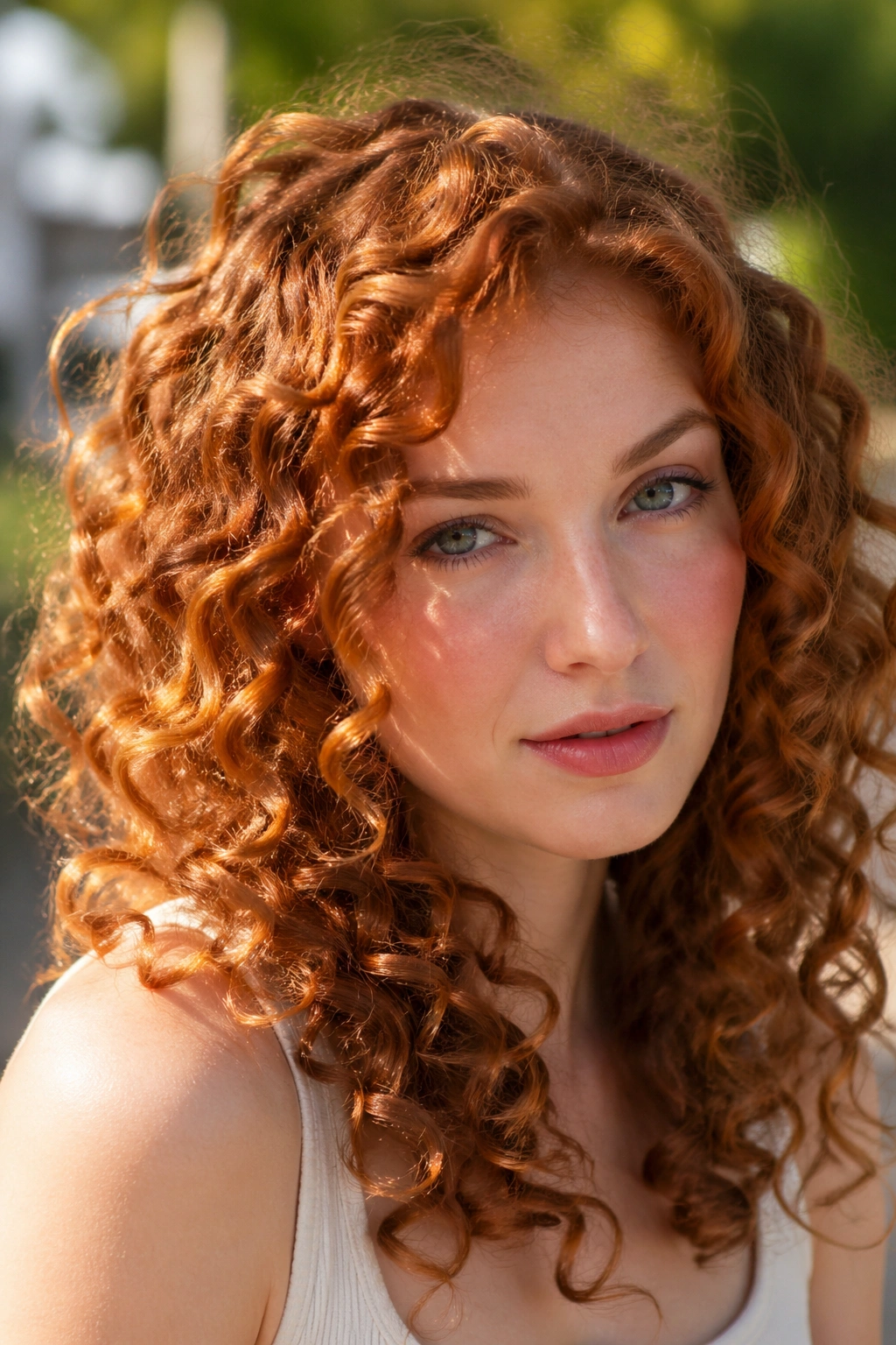 Close-up of a real person with copper auburn spiral curls catching sunlight.