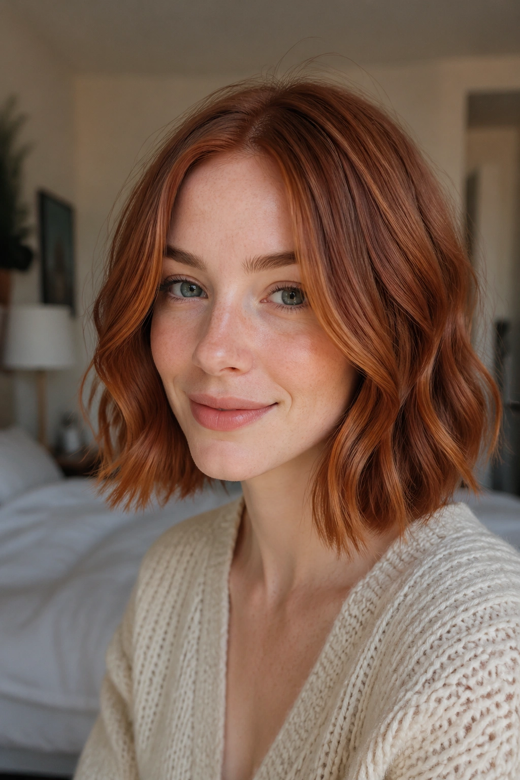 Close-up portrait of a woman with copper auburn lob and soft waves, pale skin.