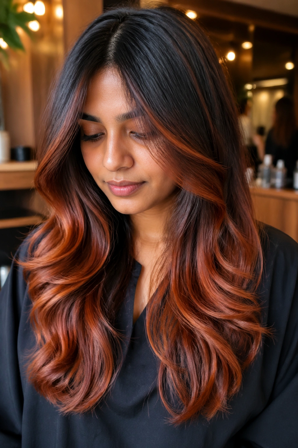 Close-up portrait of copper balayage ribbons on dark hair in a salon setting