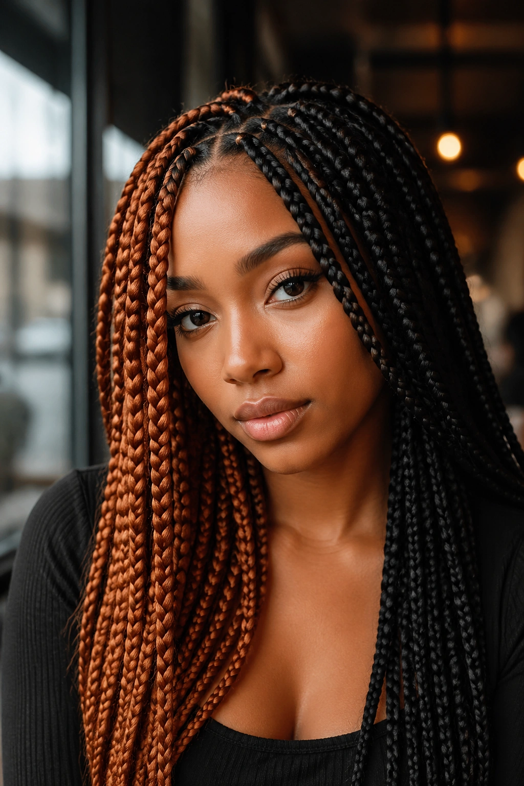 Real woman with copper and black blocky jumbo braids