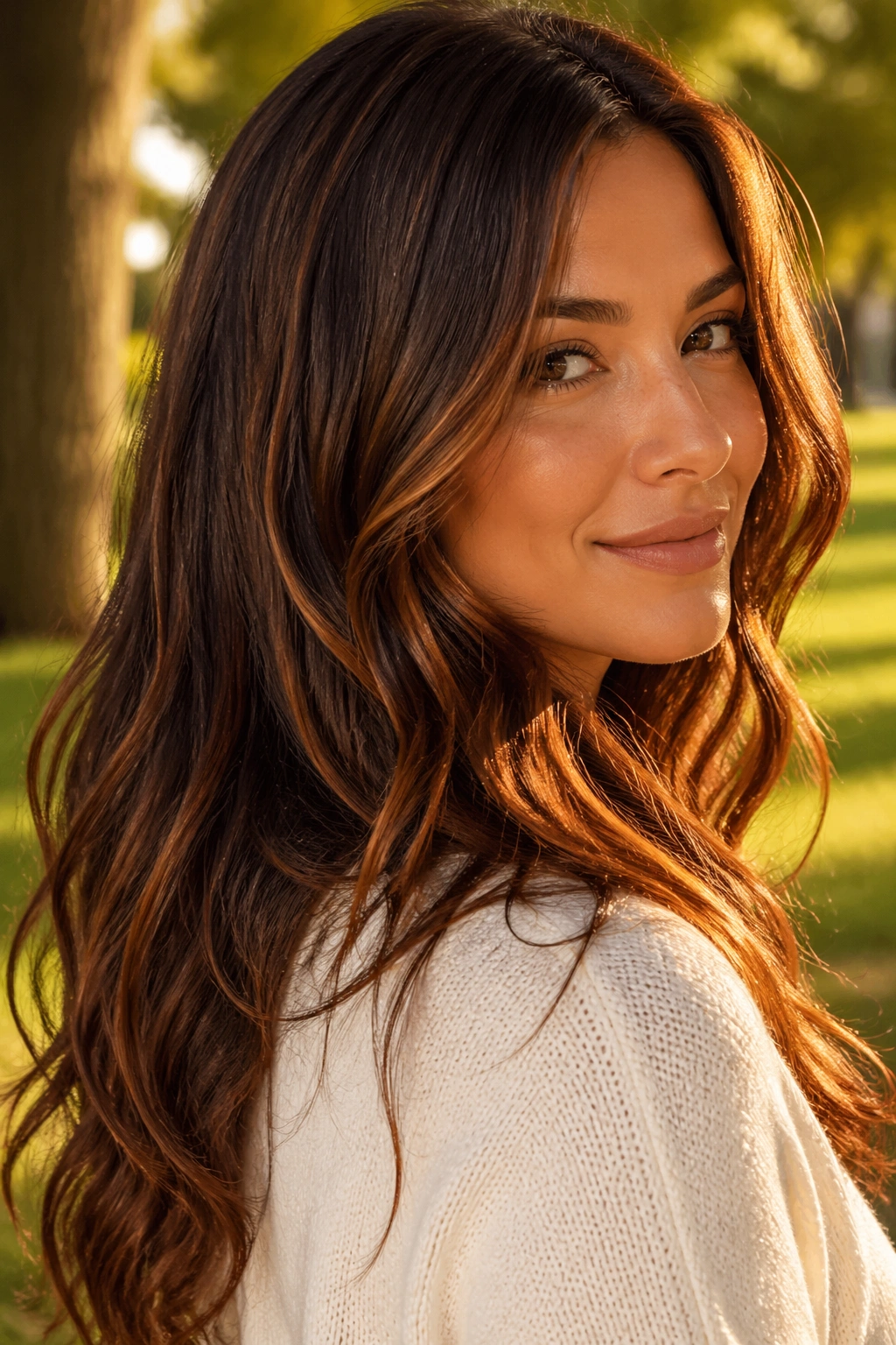 Close-up of a real woman with copper-infused brown hair and copper highlights