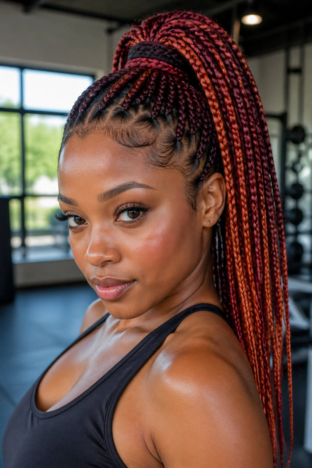 Close-up of a real woman with copper and burgundy knotless braids in a high ponytail