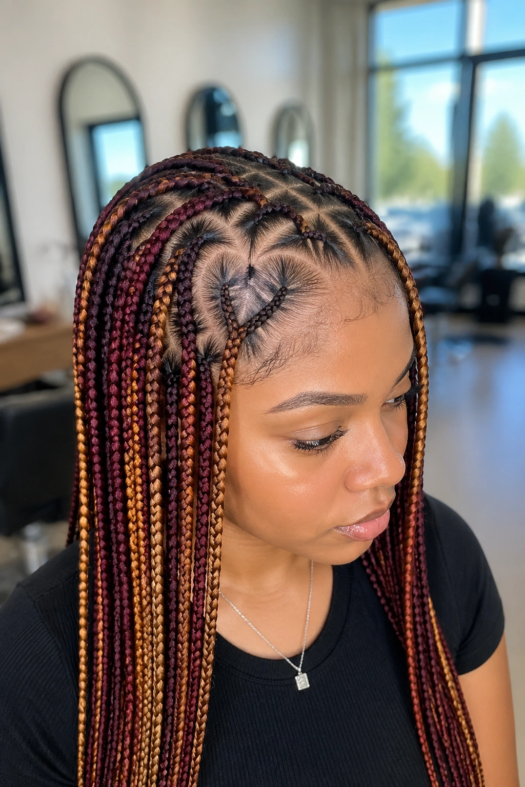 Knotless box braids with copper burgundy honey heart parting on real person