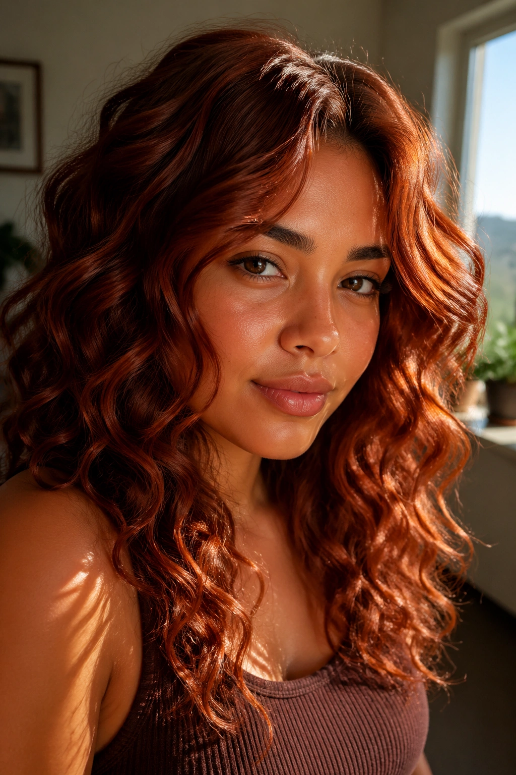 Close-up of a woman with copper cinnamon hair glowing in natural light