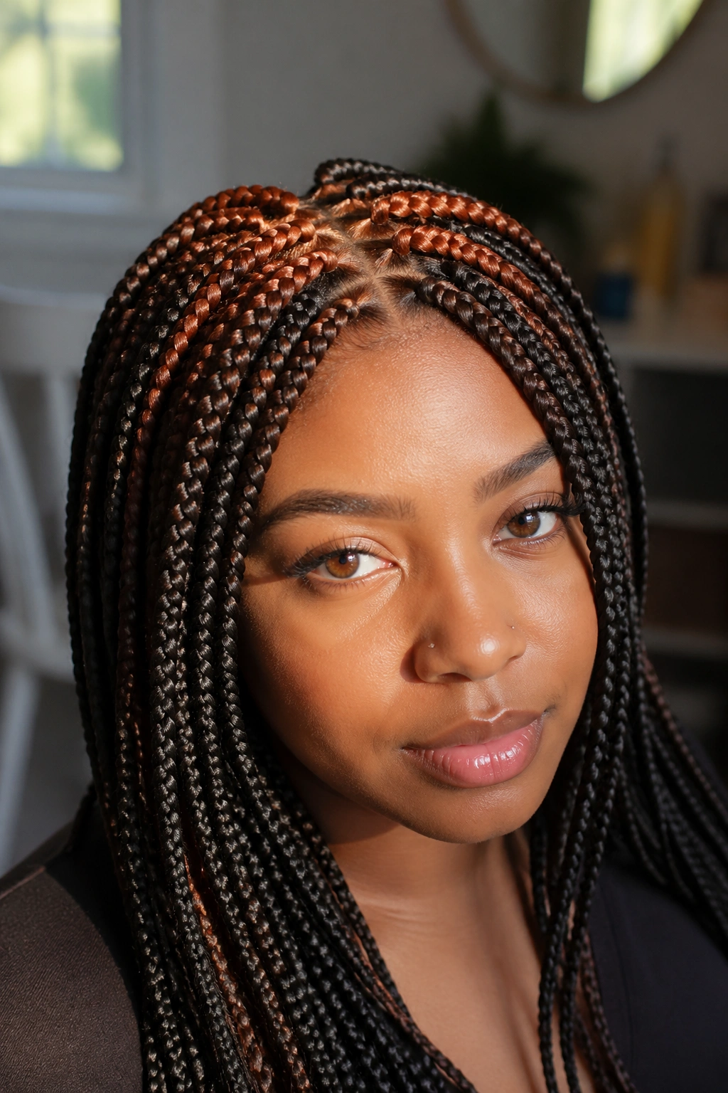 Close-up of a real woman with copper crown streaks in medium box braids