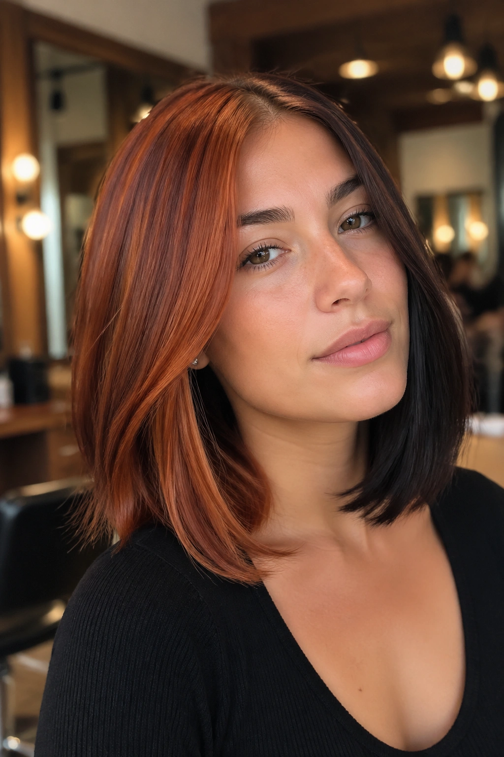 Close-up portrait of a person with copper and espresso half-and-half lob