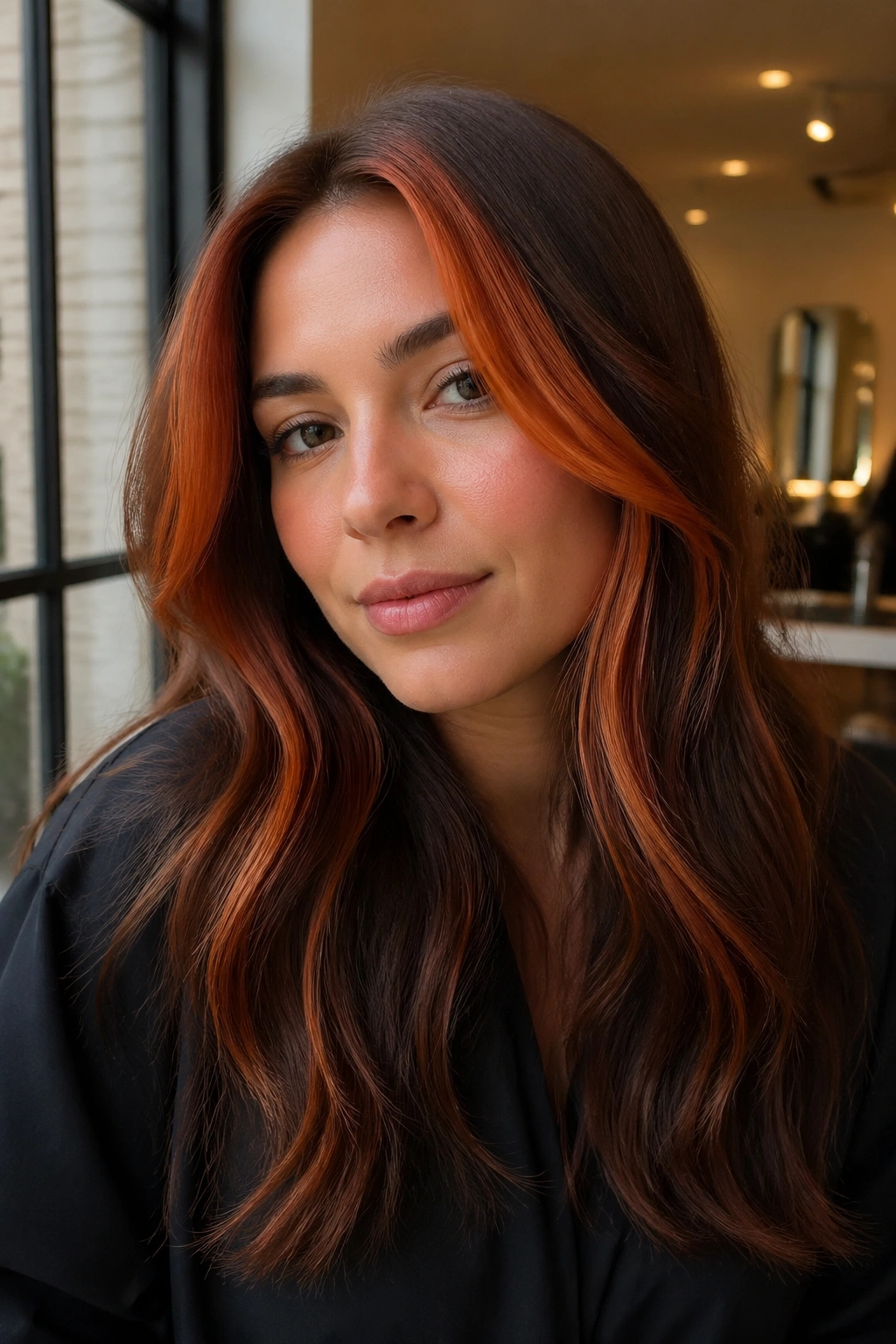 Close-up of a real woman with copper face-frame orange highlights