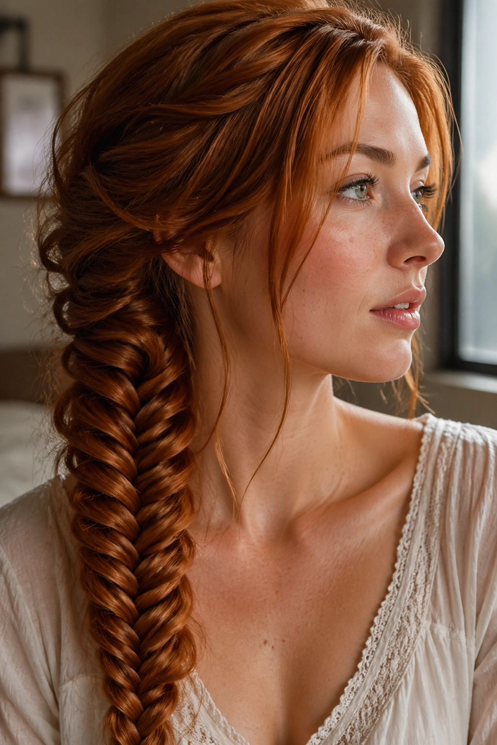 Close-up of side-swept copper fishtail braid on a real person