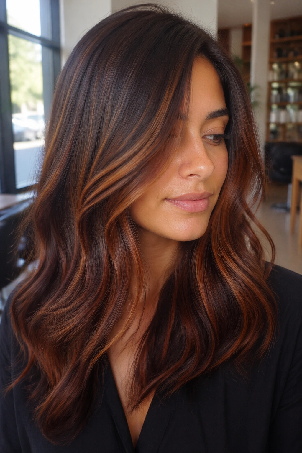 Close-up of brunette hair with copper gloss in warm light