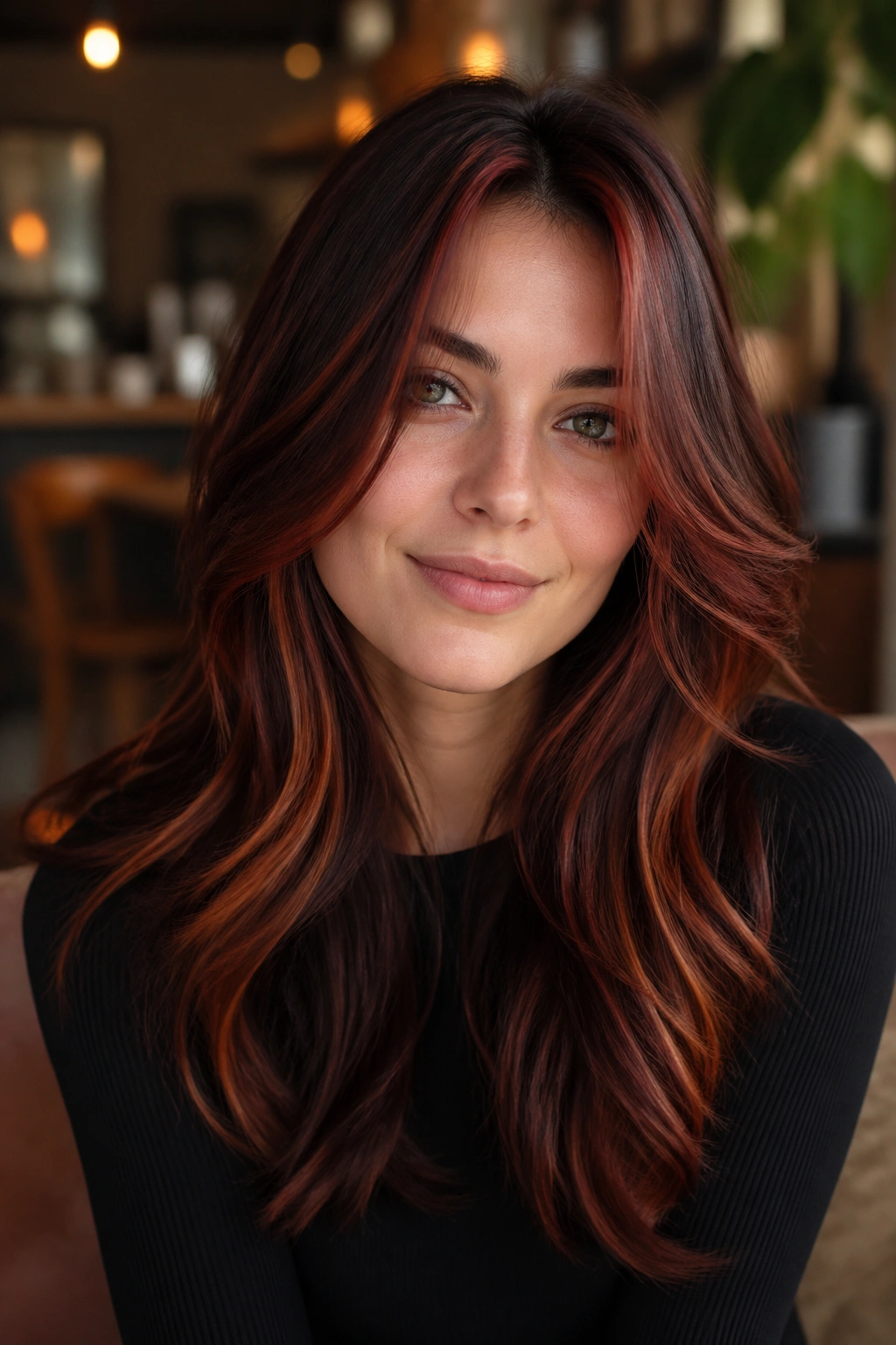 Portrait of a real person with copper-kissed mahogany highlights
