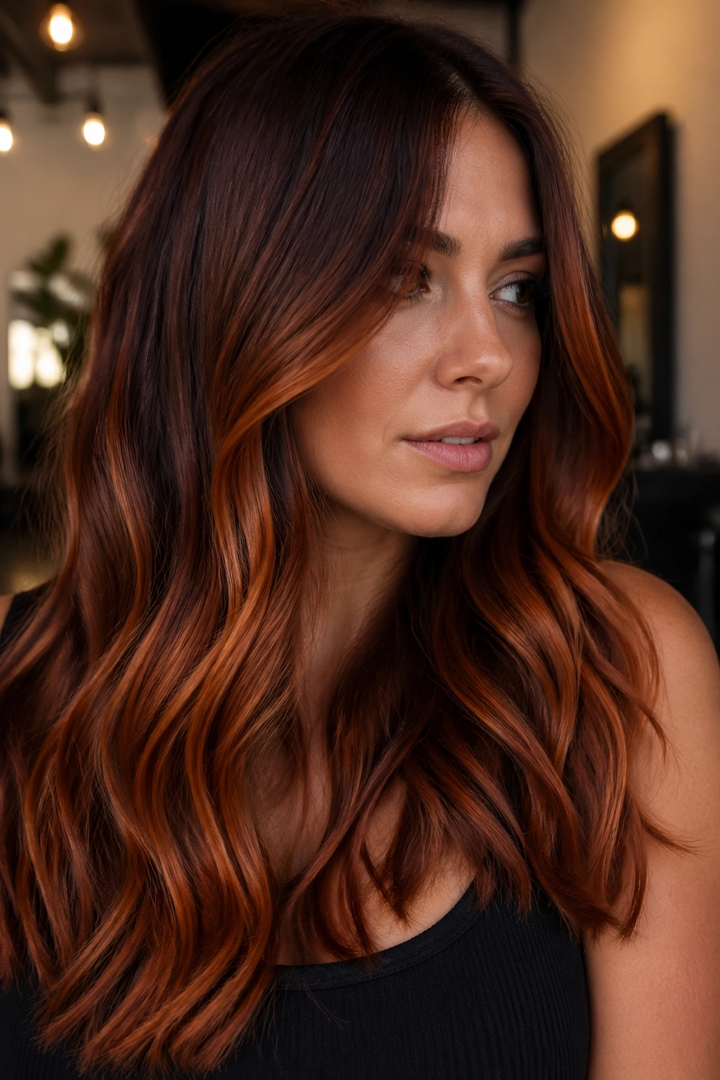 Close-up portrait of a woman with copper mahogany melt hair gradient