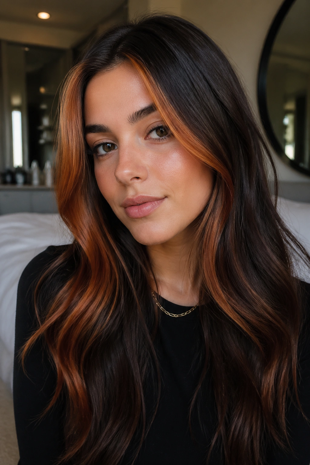Face-framing copper money piece on a real woman with brunette rest hair