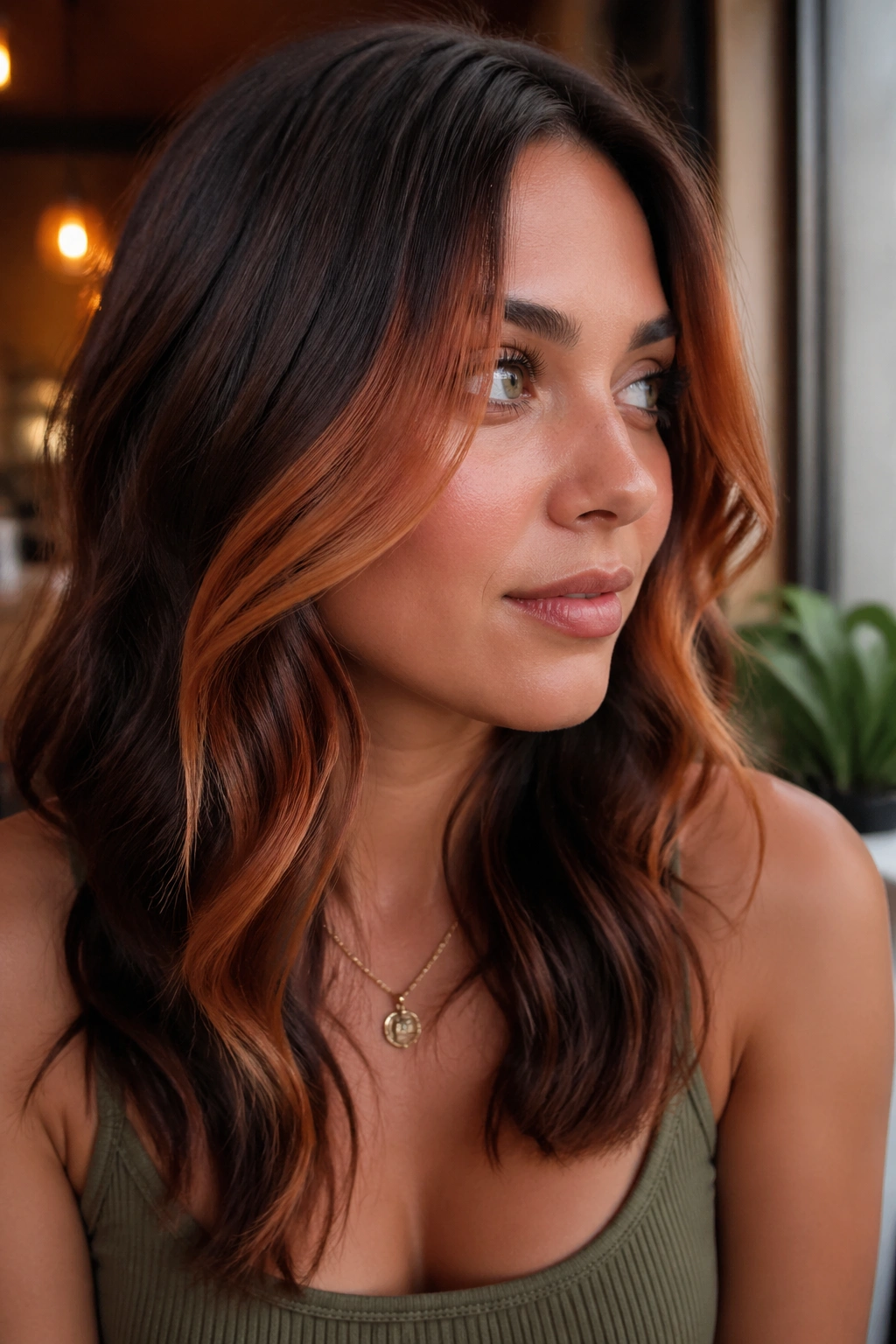 Close-up of real woman with copper money pieces framing face on brunette hair.