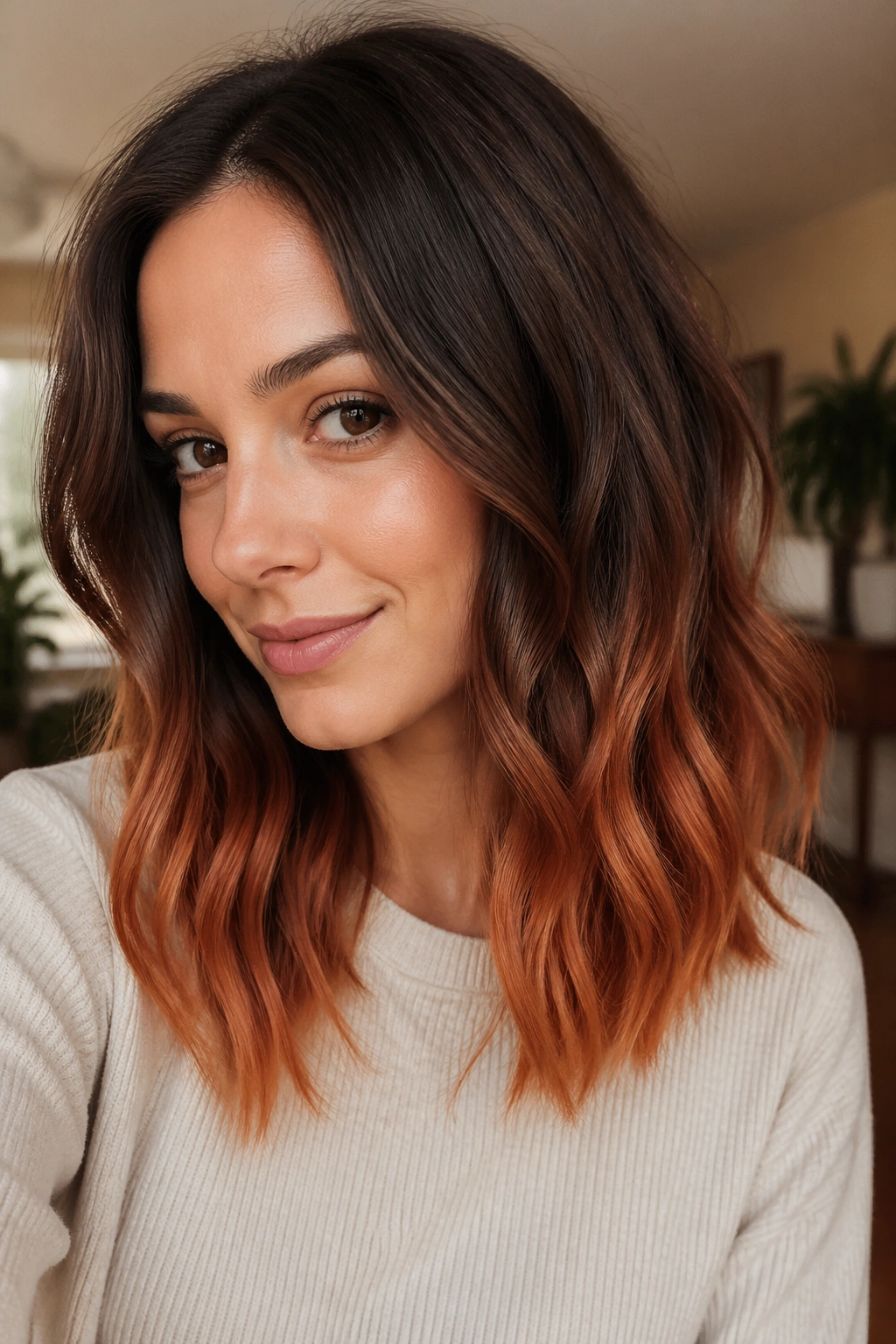 Close-up portrait of a real woman with copper ombré ends and natural mid-lengths