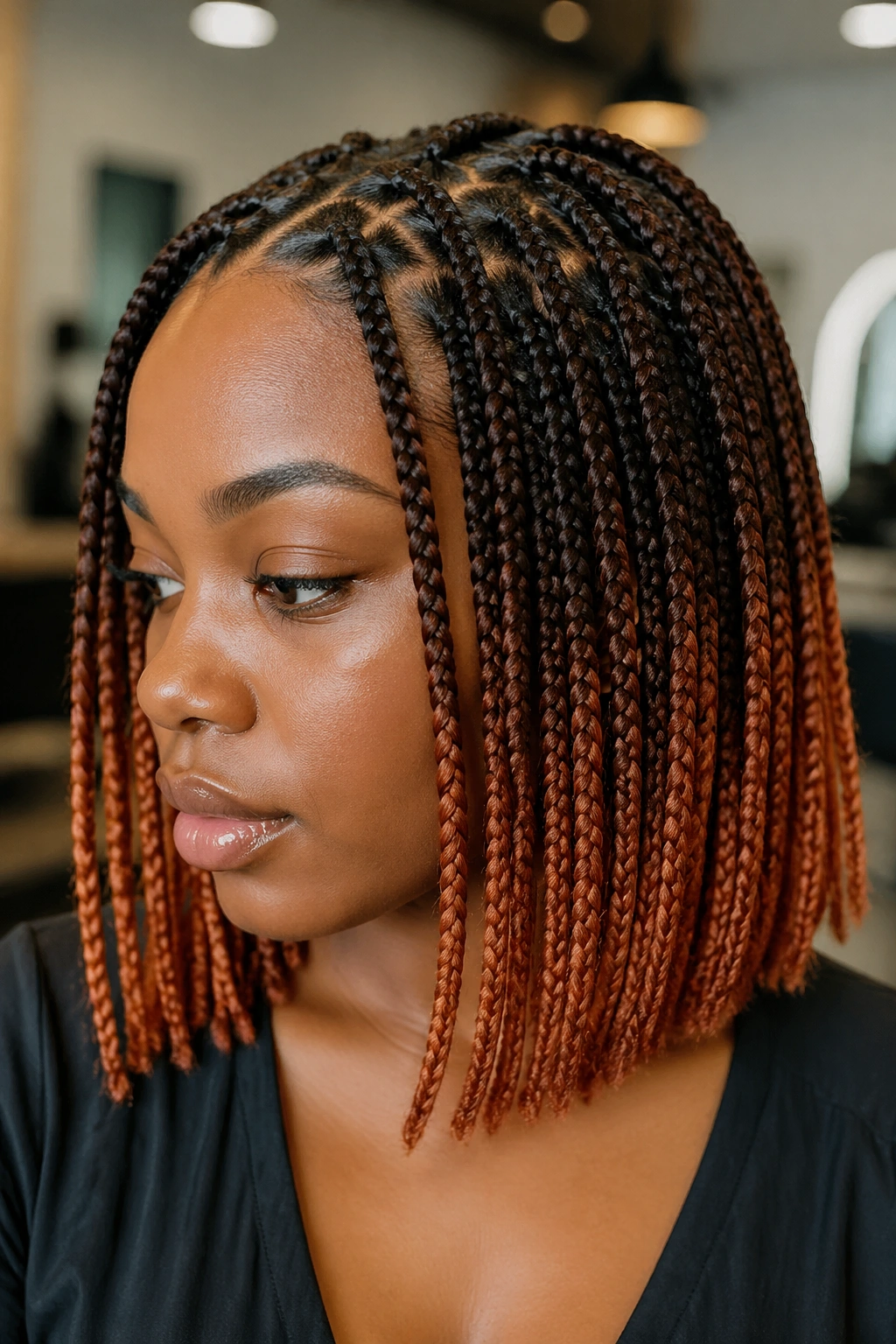Real woman with copper ombré knotless bob braids showing dark roots fading to copper ends