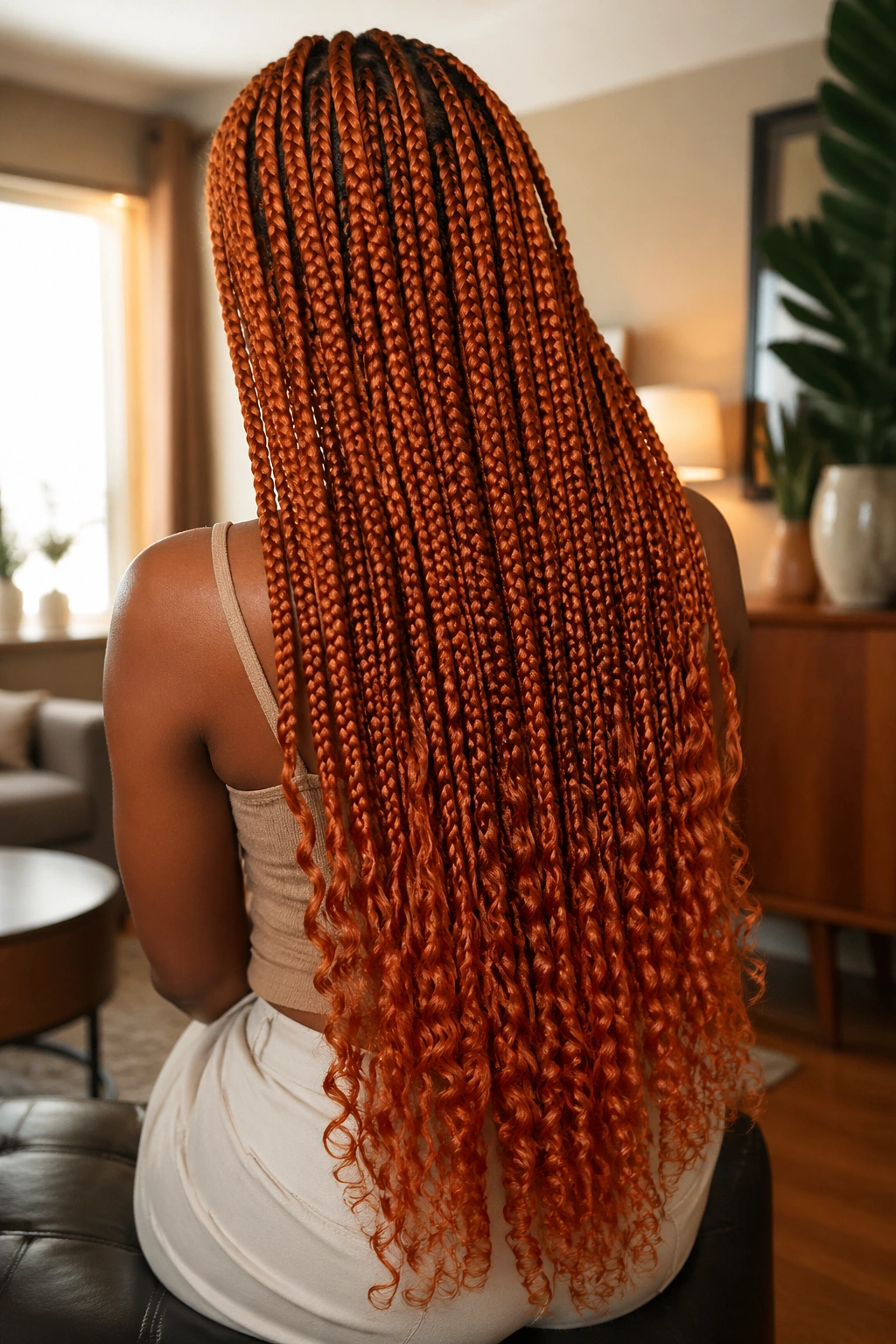 Back-of-head view of a real woman with waist-length copper orange box braids and spiral curls.