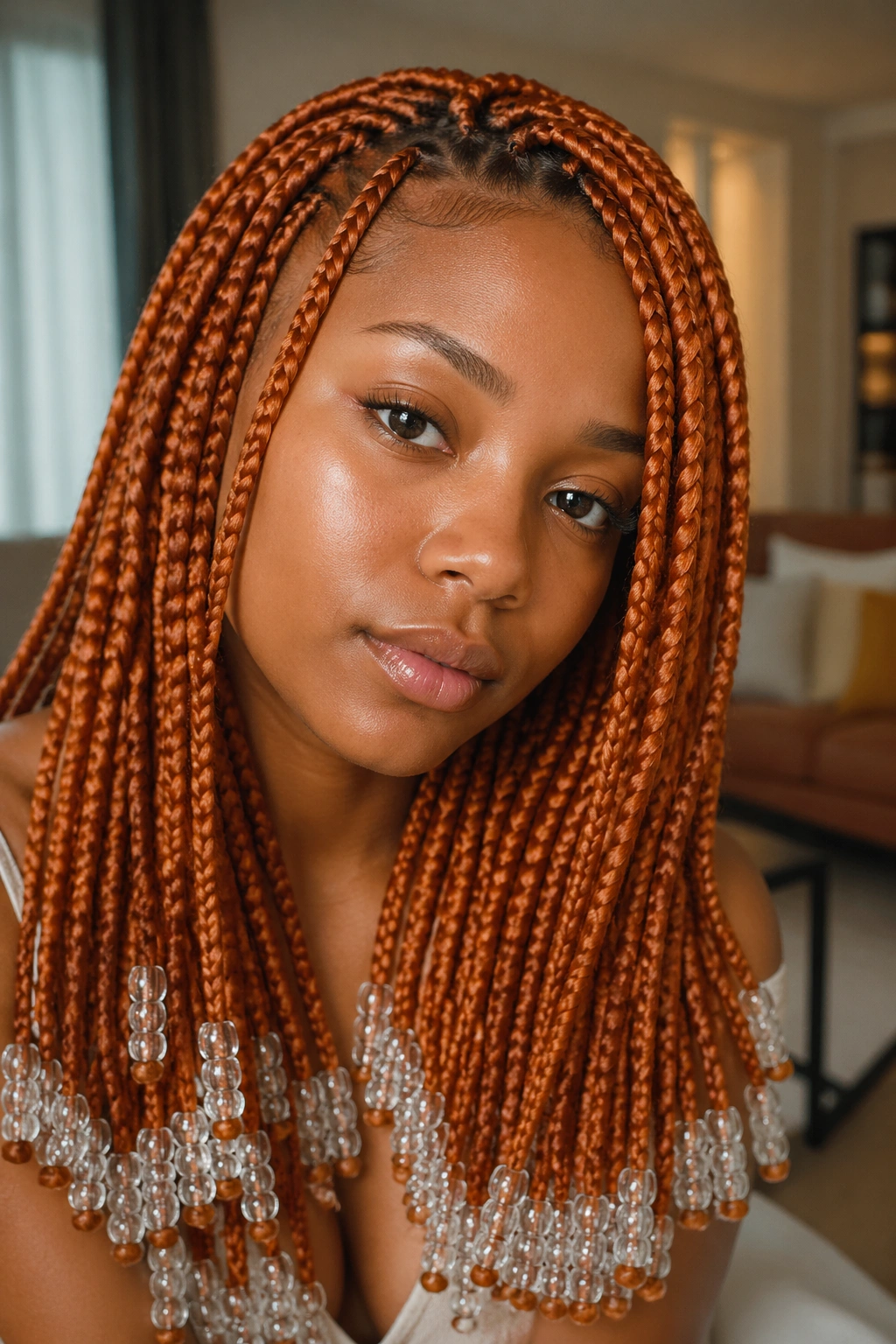 Close-up of a real woman with copper orange box braids and clear beads
