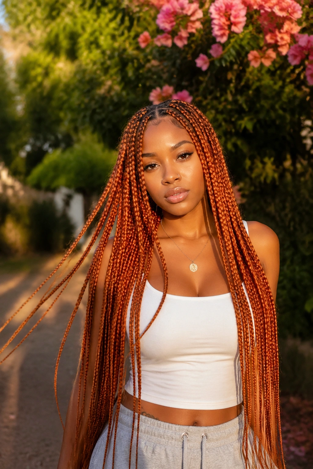 Close-up of a real Black woman with copper-orange waist-length box braids in golden hour light