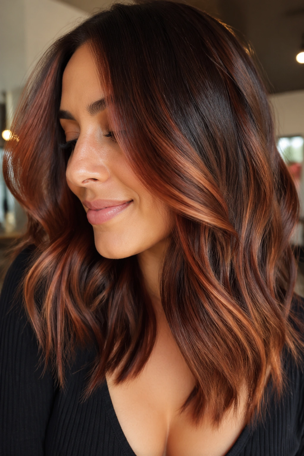 Close-up portrait of brunette with copper penny balayage and face-framing pieces.