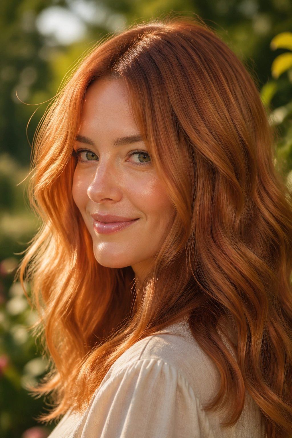 Close-up portrait of a woman with Copper Penny hair color glowing in sunlight