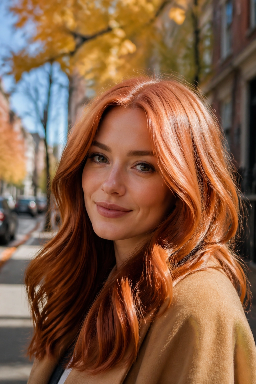 Copper penny hair on real person with urban fall background