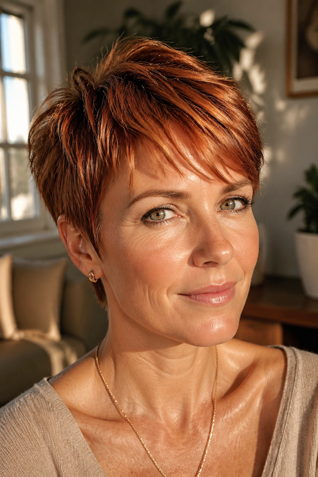 Close-up of a real woman with a copper pixie showing dimensional color and soft layers.