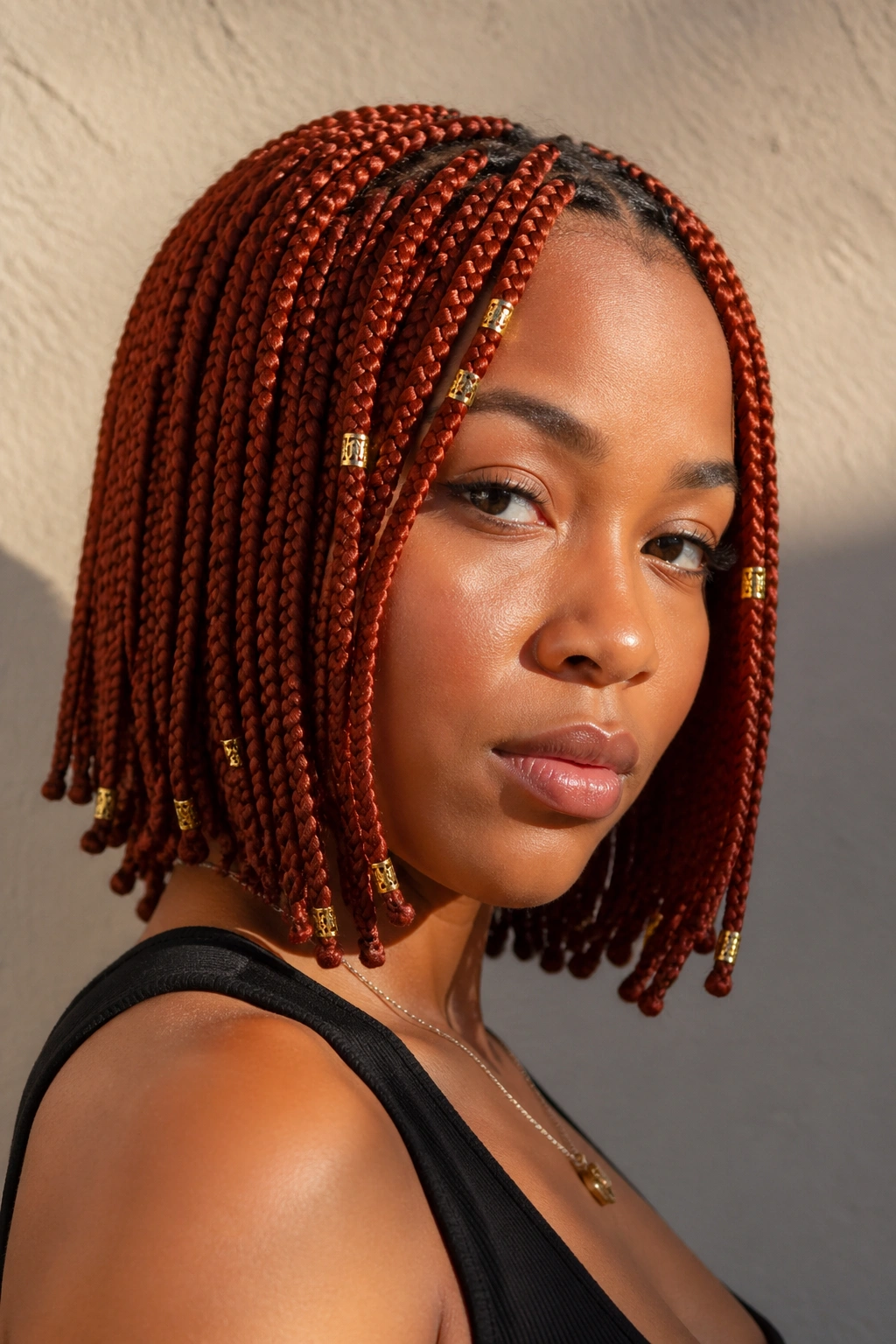 Close-up of copper red short box braids with gold accents on a real person.