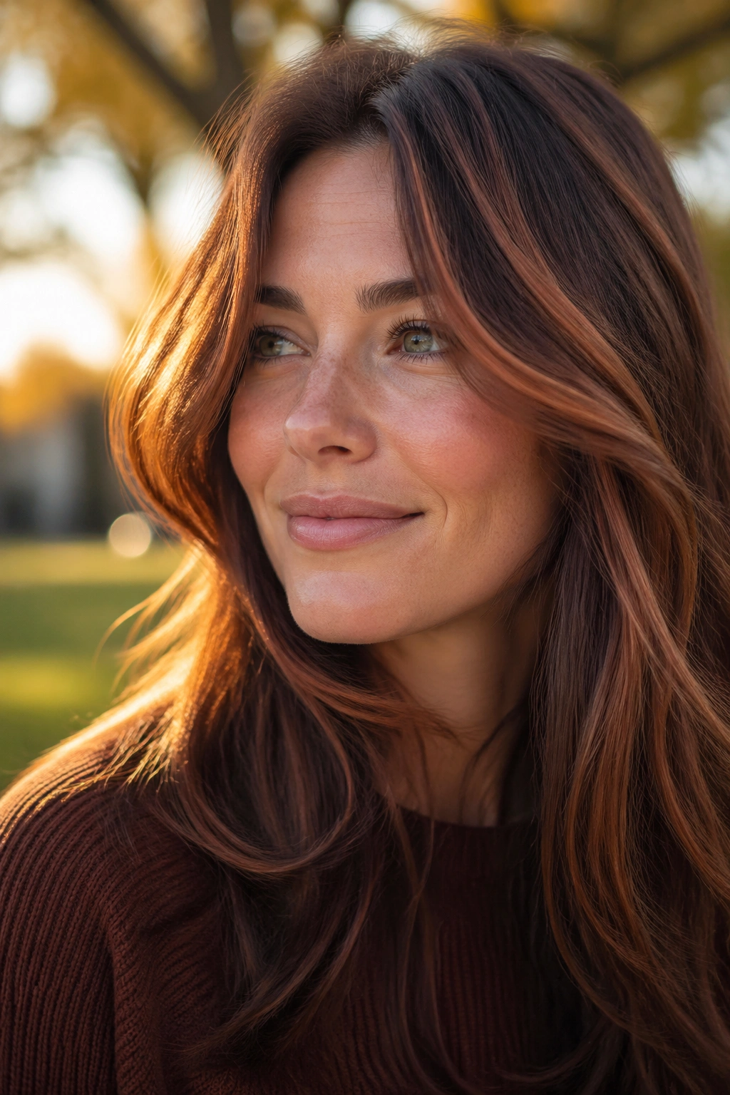 Close-up of chestnut hair with copper ribbon highlights in golden hour light