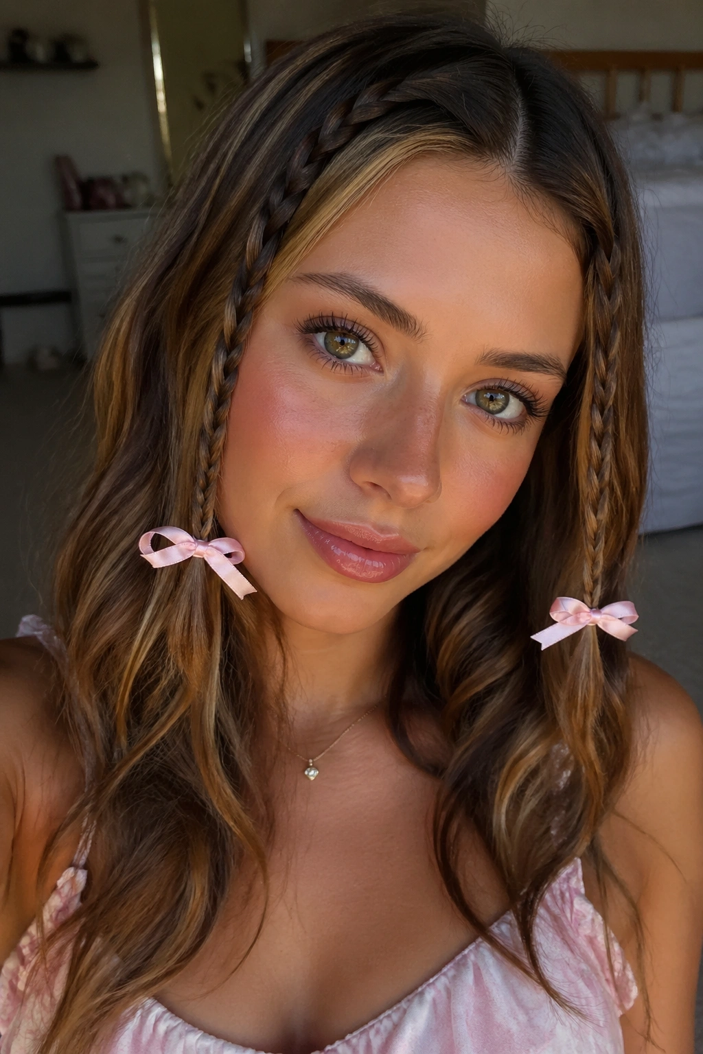 Close-up of a real woman with two mini face-framing braids and baby pink bows near the cheeks