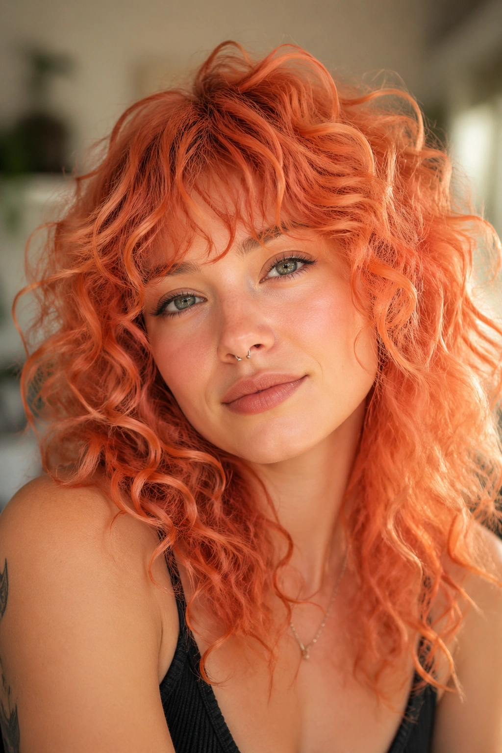 Real woman with coral curly shag hairstyle in bright indoor light