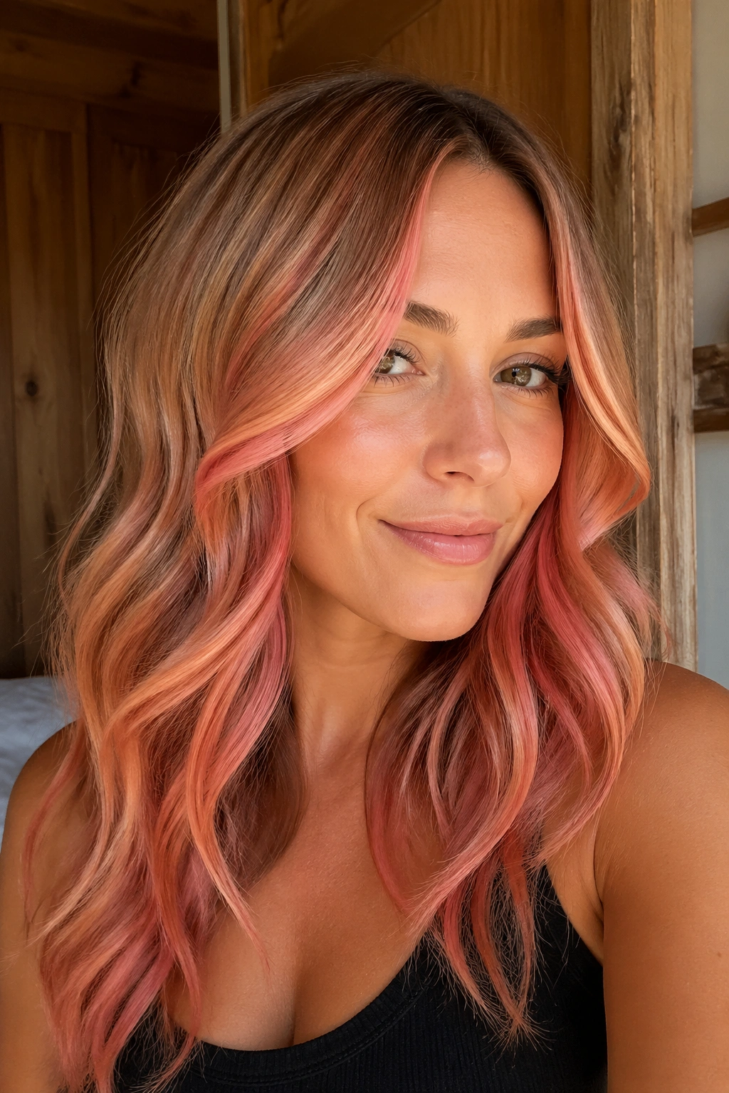 Close-up of a real woman with coral pink balayage on golden brunette.