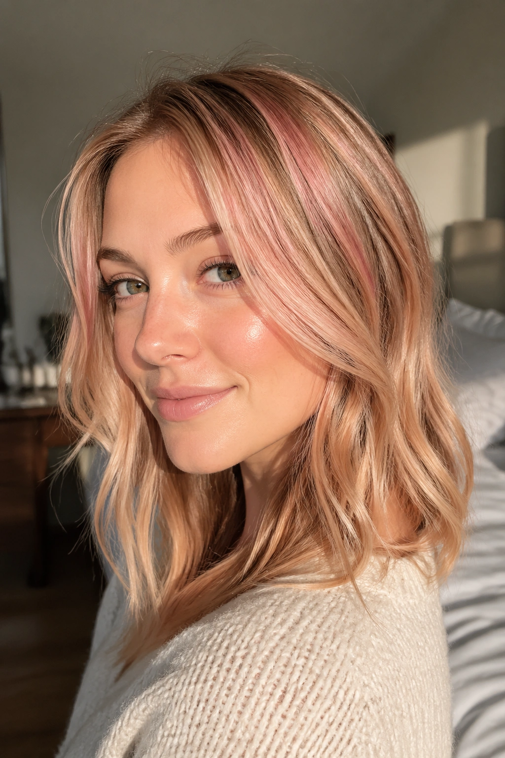 Close-up of a real woman with coral pink highlight veil across top hair