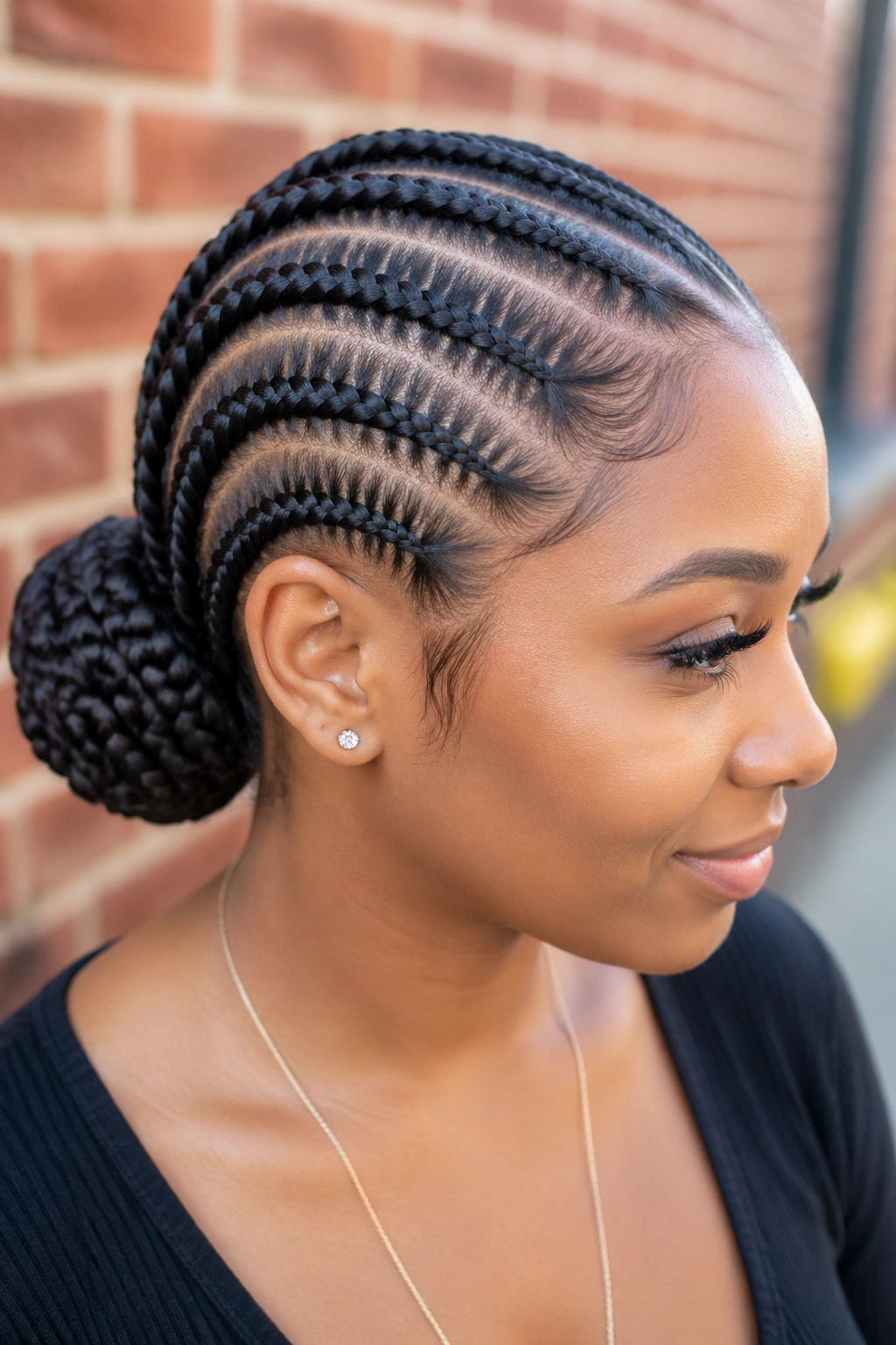 Close-up of a real woman's head showing cornrows leading to a low bun