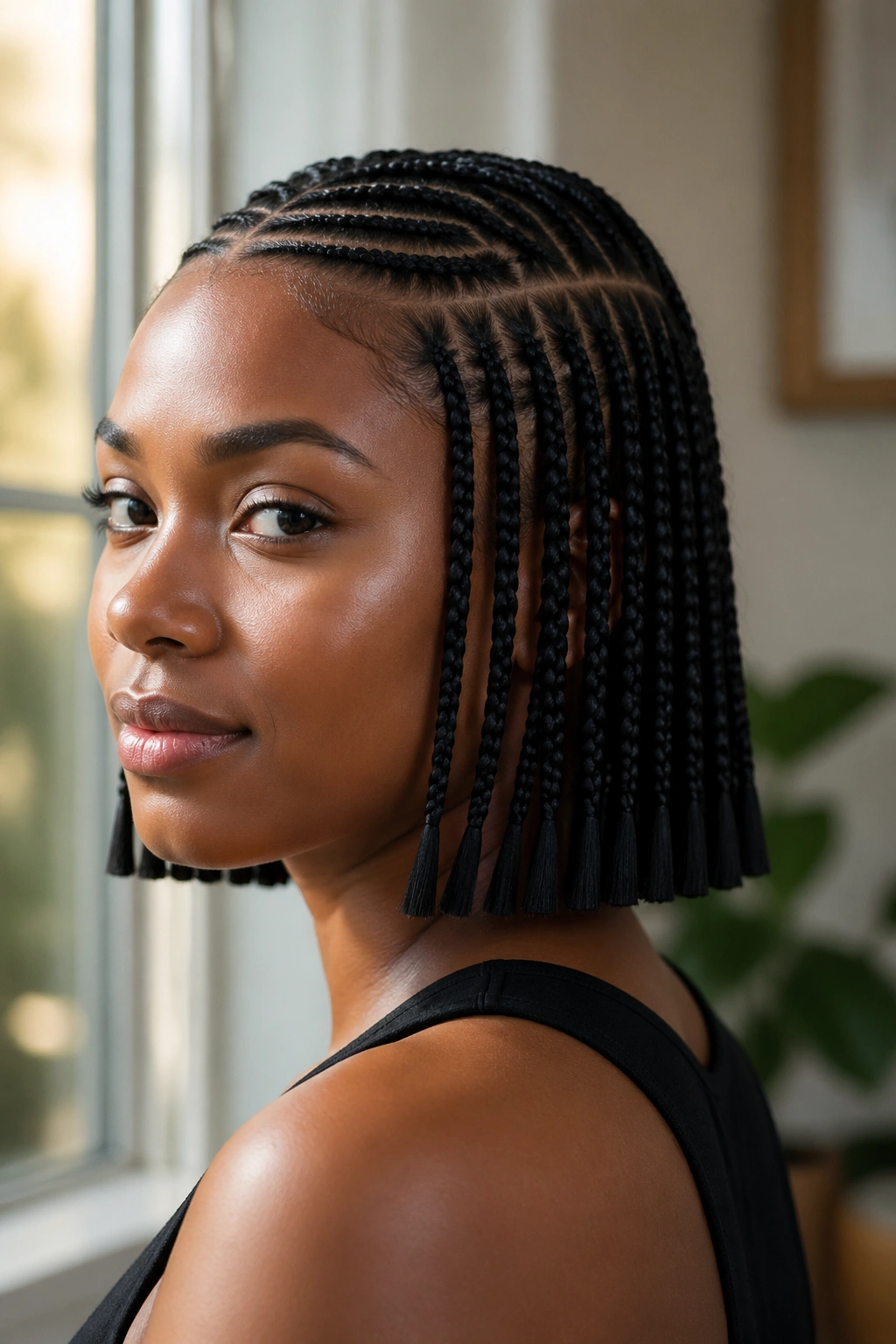 Close-up of a real person with a cornrow bob and blunt ends