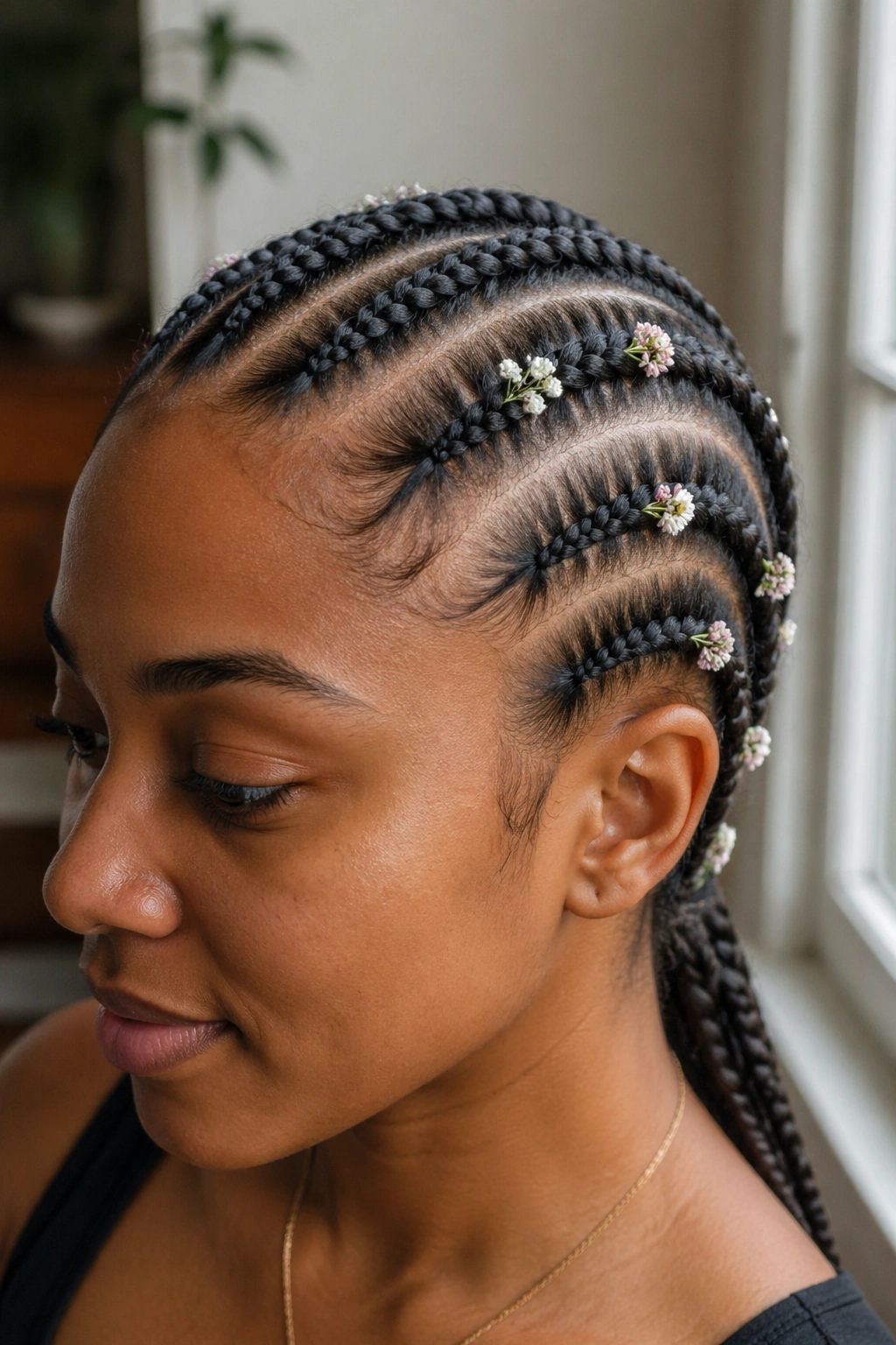 Close-up of feed-in cornrows with tiny blooms on a real person in a salon