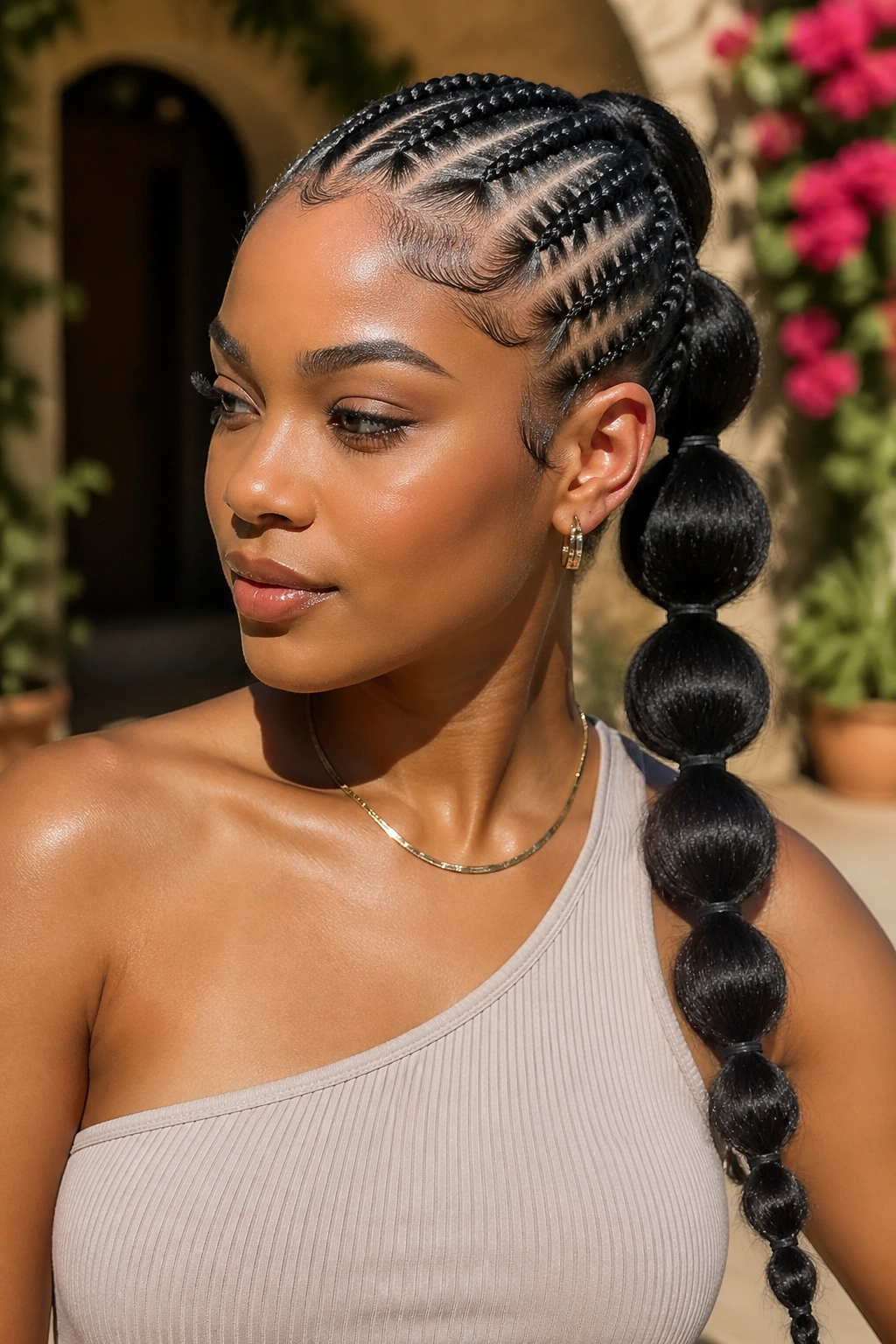 Close-up of a real woman with cornrows and bubble ponytail