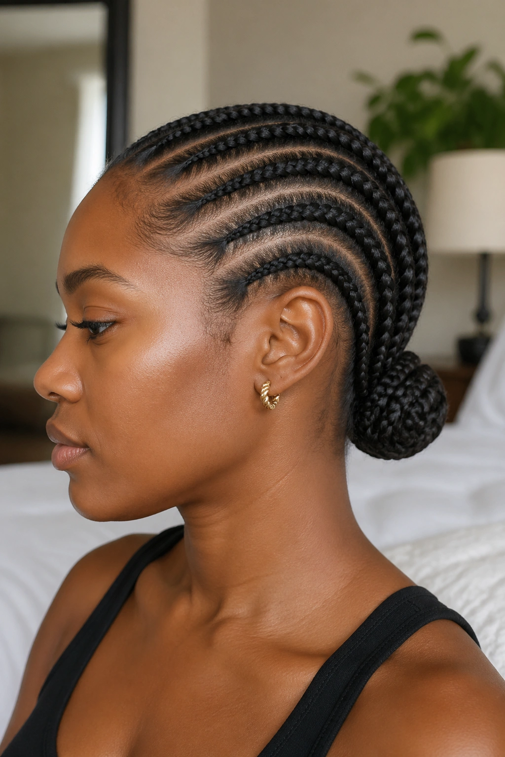 Side-profile of a real woman with cornrows rolled into a low bun