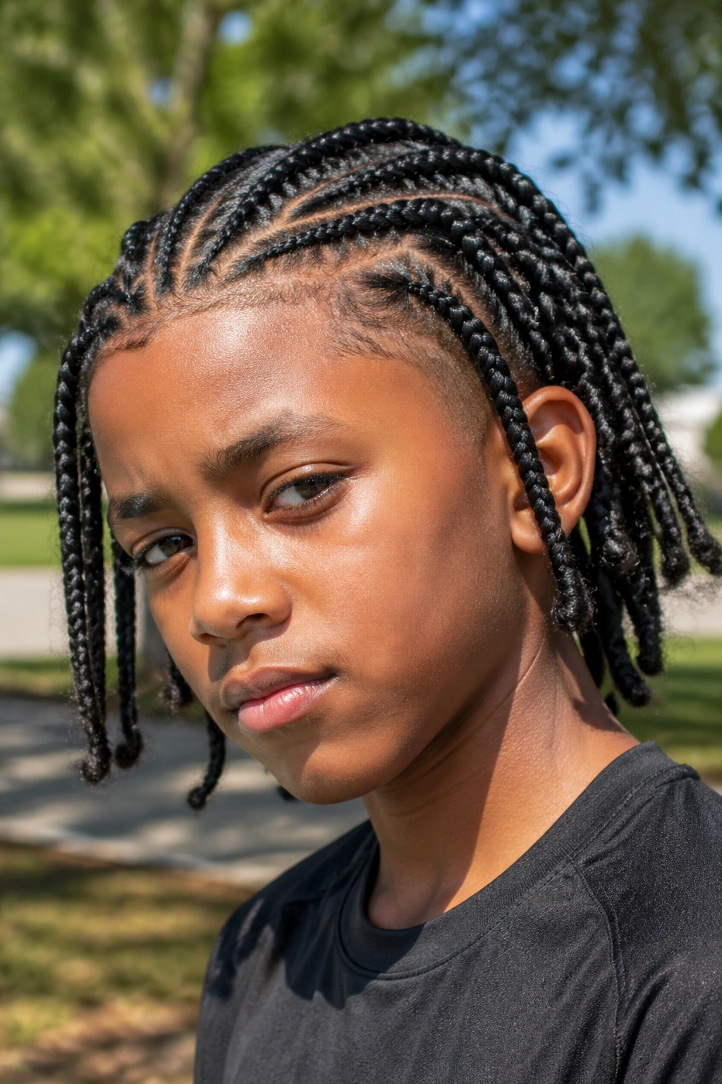 Close-up portrait of a real boy with cornrow-front medium box braids